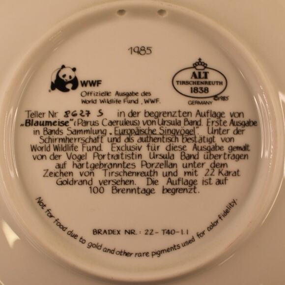 VTG 1985 Bradford Exchange Ursula Band Blue Titmouse Plate World Wildlife Fund - Picture 4 of 10